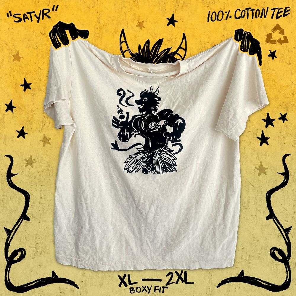 "Satyr" shirt screenprinted on Everybody World 100% recycled cotton blanks. Original drawing made with alcohol markers.
