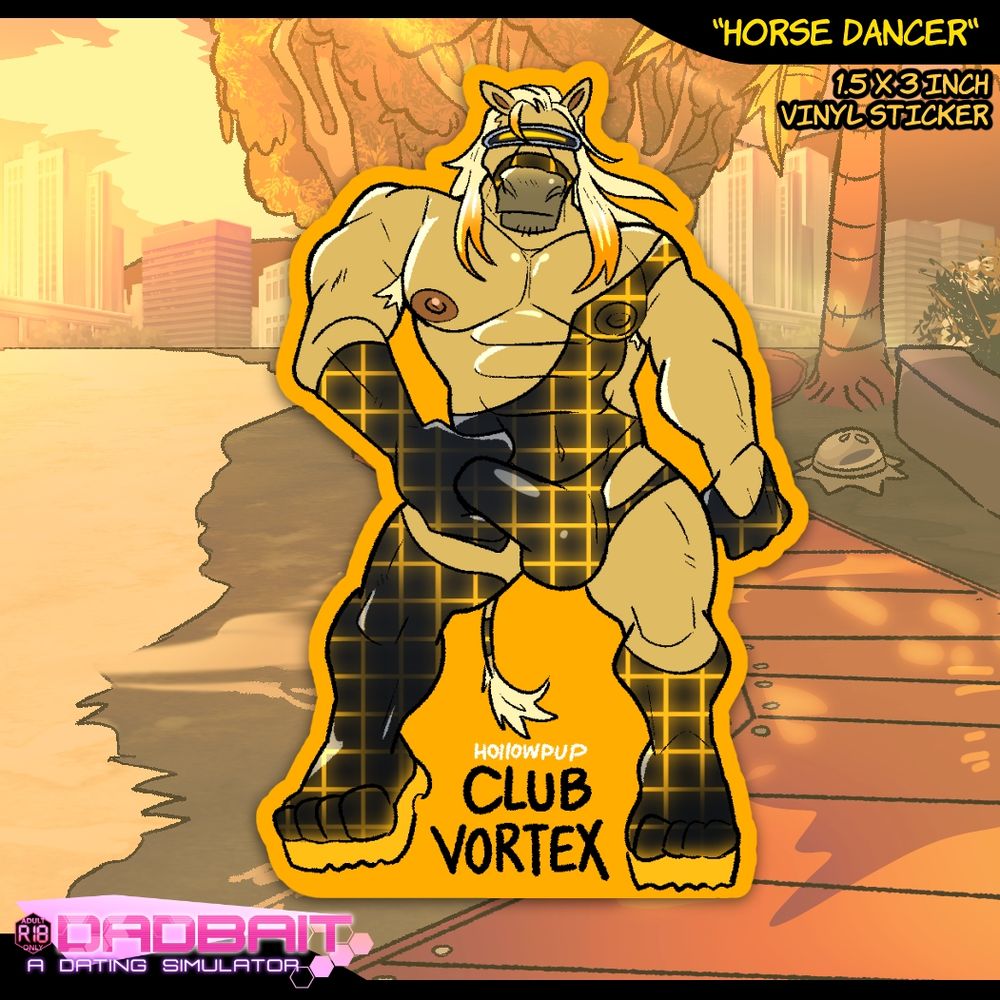A vinyl sticker of a go-go dancer horse man wearing a futuristic glowing latex-like bodysuit.