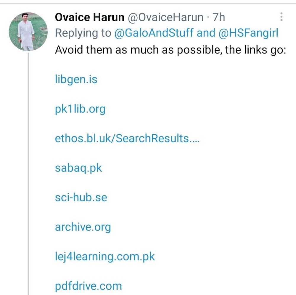 Avoid them as much as possible, the links go:
libgen.is
pk1lib.org
ethos.bl.uk/SearchResults...
sabaq.pk
sci-hub.se
archive.org
lej4learning.com.pk
pdfdrive.com