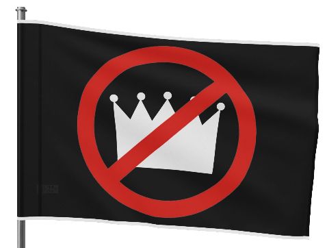 Classic No Kings Flag
A black flag displays a simple, white three-point crown inside a red circle with a red diagonal slash, representing a prohibition symbol.