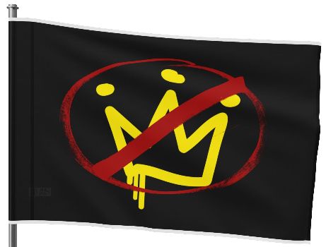 A black flag features a stylized yellow crown with a red prohibition symbol over it. The crown has exaggerated, graffiti-like lines with round dots on the tips, giving it an urban, painted look.