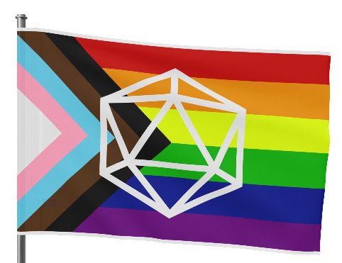Horizontal Pride D20 Flag
A horizontal flag features the Progress Pride Flag in the background, with its rainbow stripes and left-facing chevron in black, brown, light blue, pink, and white. Overlaid at the center is a large white D20 die symbol, representing tabletop gaming.