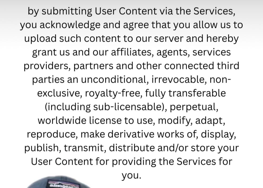 Alt text:

Screenshot of a user agreement clause stating that by submitting user content, the user grants the company and its affiliates an unconditional, irrevocable, non-exclusive, royalty-free, fully transferable, and perpetual worldwide license to use, modify, reproduce, create derivative works of, display, publish, distribute, transmit, and store the content for service provision.