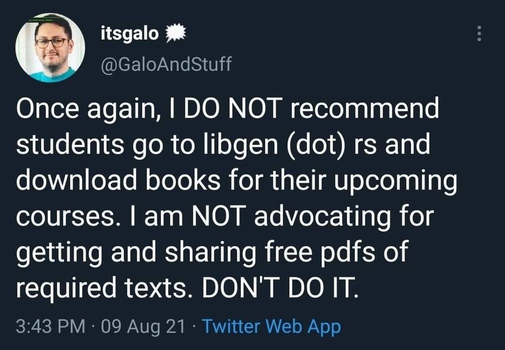 Once again, I DO NOT recommend students go to libgen (dot) rs and download books for their upcoming courses. I am NOT advocating for getting and sharing free pdfs of required texts. DON'T DO IT.