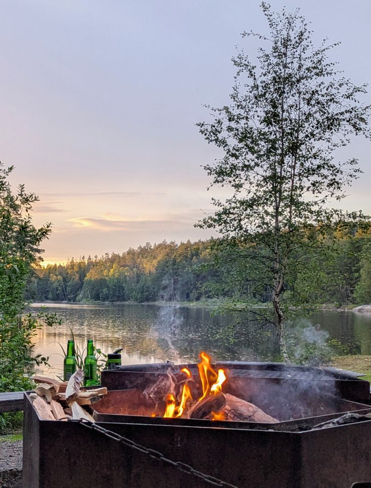 A lagom fire in a metal fire pit with a lake in the background, the sun hitting the top of the trees in the distance, and a couple of beer bottles resting on a bench to the side