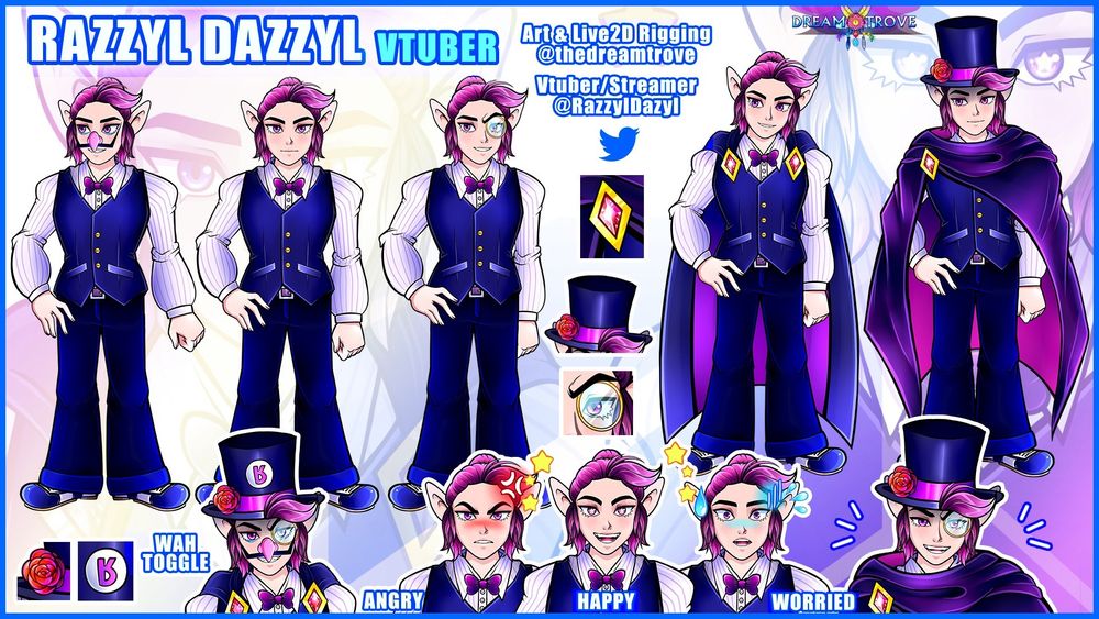 Reference sheet for v tuber razzyl dazzyl, with art and rigging done by @Thedreamtrove 