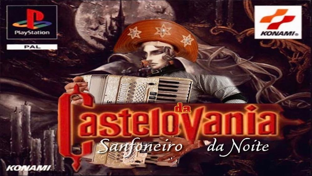 Capa do jogo de playstation 1, Castlevania: symphony of the night. Mas o personagem da capa, Alucard, um homem branco e loiro, está com um chapéu de cagaceiro e com uma sanfona. O nome do jogo está editado e está escrito "Castelo da Vania: sanfoneiro da noite."