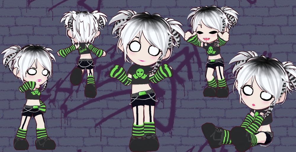 a Collage of my OC to show some different angles. She is inspired by scene kid art and has chibi proportions with a large round head and big round eyes without iris but bold black eyeliner around the eyes. She has white bleaches hair with black roots and some stripes dyed with with a grey and black stripe pattern which mostly shows on some hair tied up in messy twin buns and some longer side hair on her left side. She wears a black top with a neon green alien head holding up 2 peace sign hands, paired with arm socks that have stripes in black and neon green, matching with the striped leg warmers that are held up by black simple garters to her black shorts, worn with a belt with chains hanging down from it and neon green belt buckle, all complete with black shoes. 