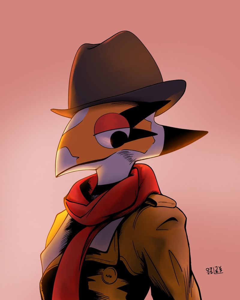 Bust-up artwork of an anthro secretarybird wearing a fedora, a red scarf and a mustard coat. The character design is stylized in a cartoonish, geometrical fashion. Cherry is a character that belongs to Lewkandun (instagram).
