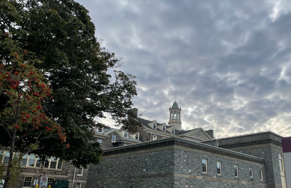 A mottled cloud pattern over the King’s campus, with a large tree in the left third of the frame.