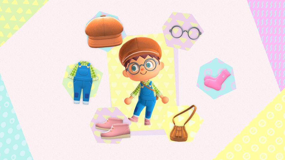 It's Villager Winnie in Dandy Hat, Farmer Overalls, Mocasin Boots, Pleather fringe bag, Simple-accent socks and Round-frame glasses.