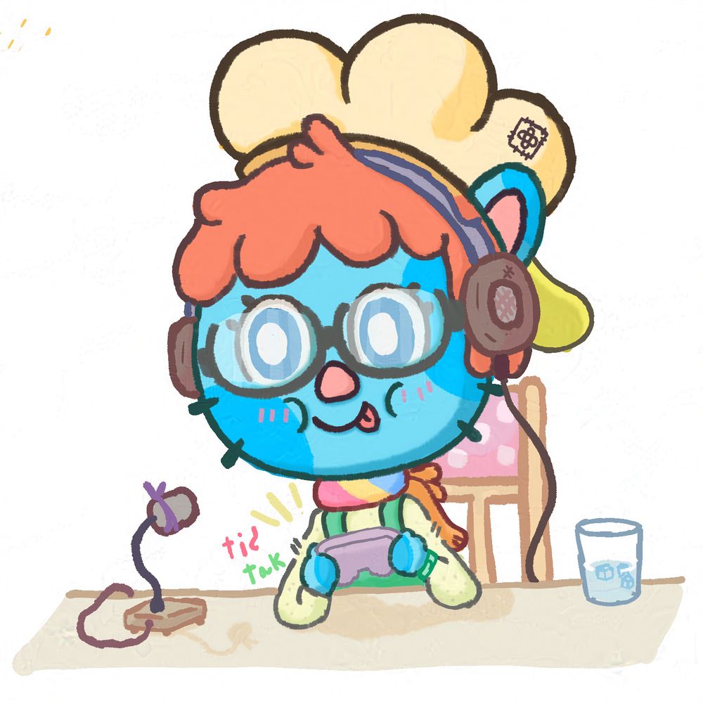 It's Winnie playing video game with a controller headphones and desk microphone.