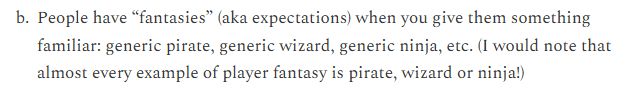Text blurb describing how people tend to use pirate, wizard and ninja when discussing player fantasies