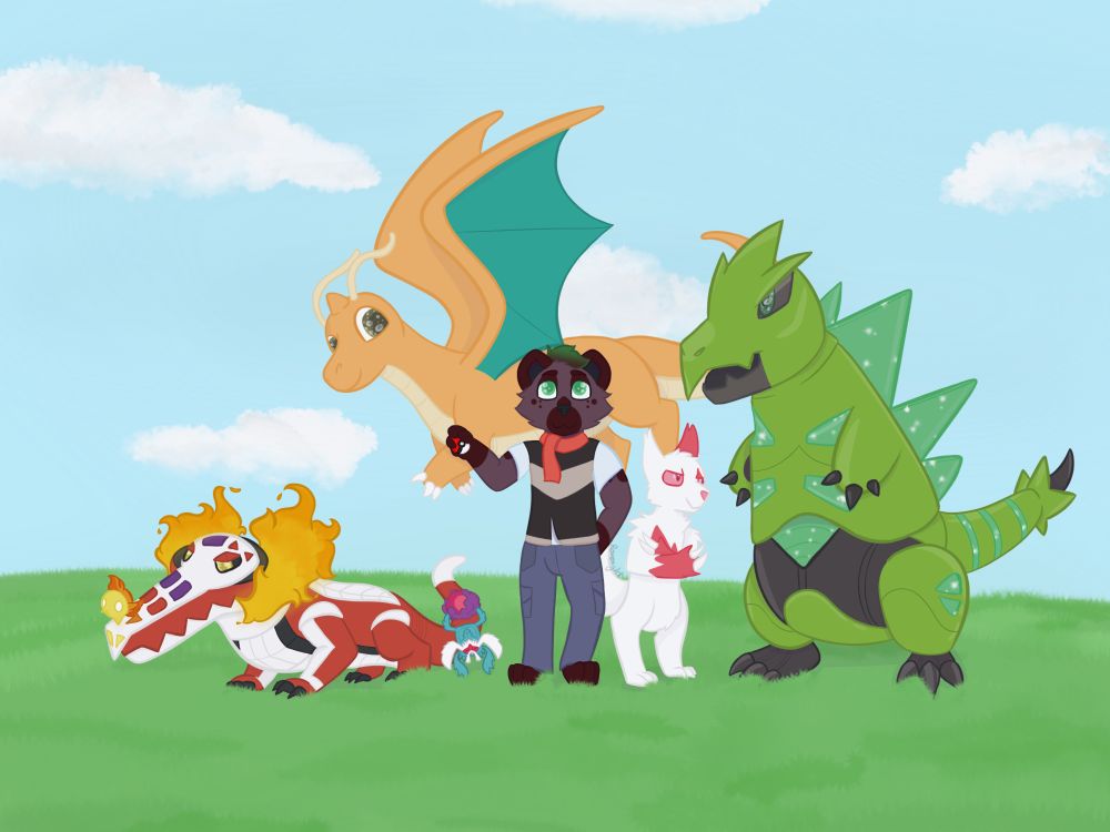 Kyber a purple hyena holding a pokeball with Skeledirge,
Rabsca, Dragonite, Zangoose and Iron Thorns.