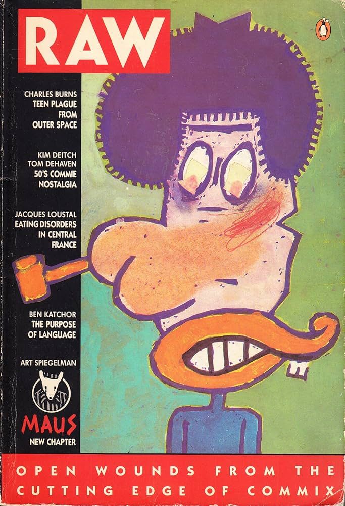 Cover to Raw vol.2, number 1 by Gary Panther. It shows a painted comic figure that is an amalgam of Nancy, Popeye, and a buck-toothed duck. Text lists the contents as well as reads, “Open wounds from the cutting edge of commix.”