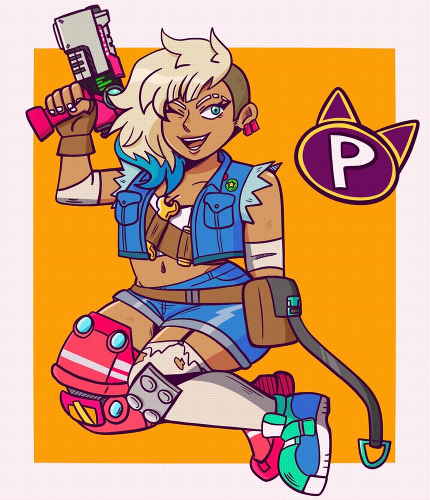 Fan art of Peppermint from Hi-Fi RUSH. She is sitting and posing with her blaster gun. 