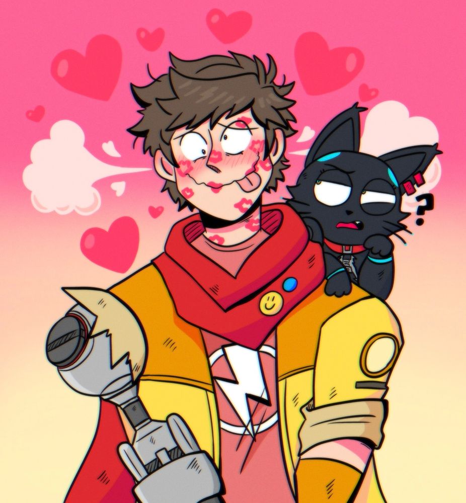 art of Chai from Hi-Fi RUSH. He is making a flustered and goofy expression with kiss marks all over his face. Peppermint is looking at him through 808 in confusion, wondering what the heck people see in this guy. 