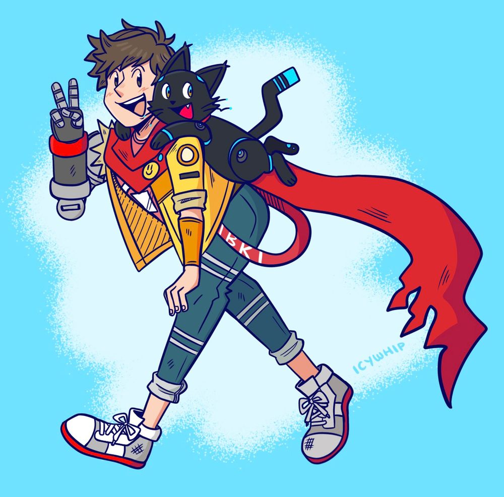 Fan art of Chai and 808 from Hi-Fi RUSH. 808 is hanging off of Chai's shoulders while he poses playfully with a peace sign.
