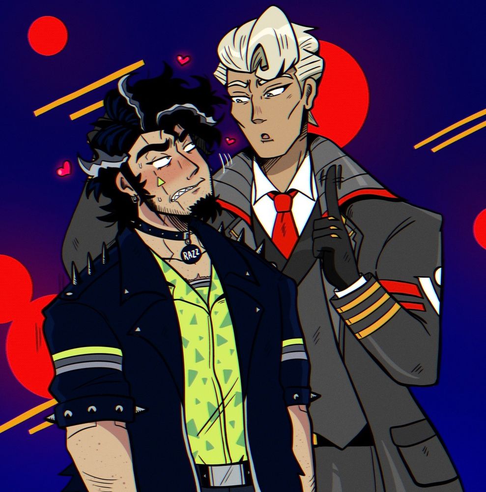 A half-body illustration of Kale from Hi-Fi RUSH with my buddy Wayne's oc, Razz. Kale is scolding it by wagging his finger in their face and gripping their hair to force them to look at him. Razz looks at him in flustered frustration. 