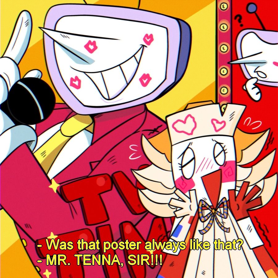 A half-body illustration of Mr. Tenna from Deltarune and my friend's oc, Guy Dee. Guy is looking nervous at almost being caught kissing on one of the Tv Time posters. Tenna looks at the kiss marks all over his face on the poster and wonders if it was always like that. 