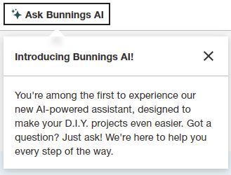 Screenshot of the Bunnings website showing a prompt to "Ask Bunnings AI" for DIY help.