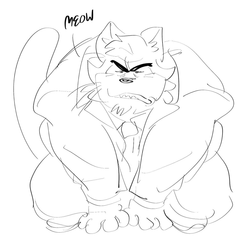 Goro sitting like a cat, crouched. He says "meow" displeasingly.