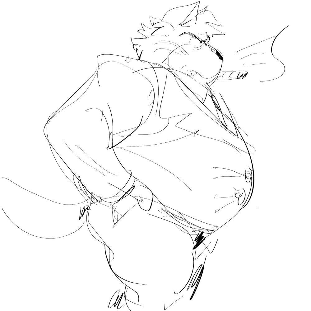 Goro from the side, he's smoking a cigar. Hands in his pockets, he is very rotund.
