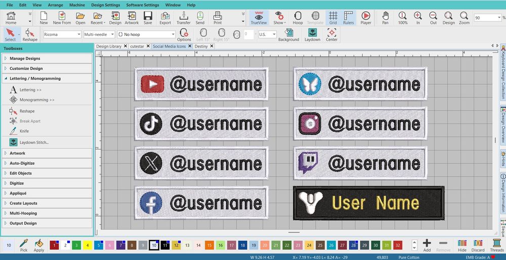 Photo of prototypes for custom username embroidered patches for different social media platforms.