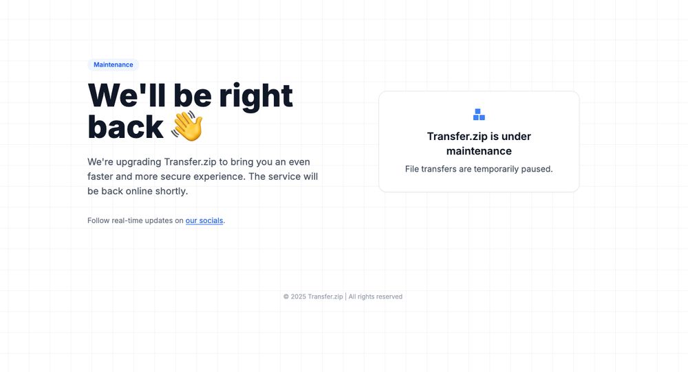 Next update will bring up to 10x faster transfers for US customers! 🇺🇸

We cooked up a maintenance page, to be used when migrating to this new version.

Hopefully everything goes smoothly... 🤞

#buildinpublic #webdev #fingerscrossed

(EU transfers are already super fast)