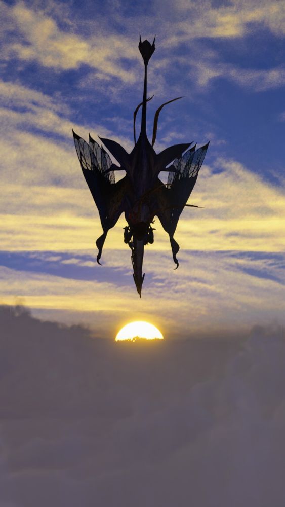 Ikran diving into the clouds in the afternoon