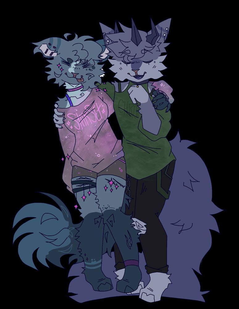 a blue-grey anthro cat with a pink n purple starset shirt, a purple-ish-blue anthro cat with a green chromakopia shirt!