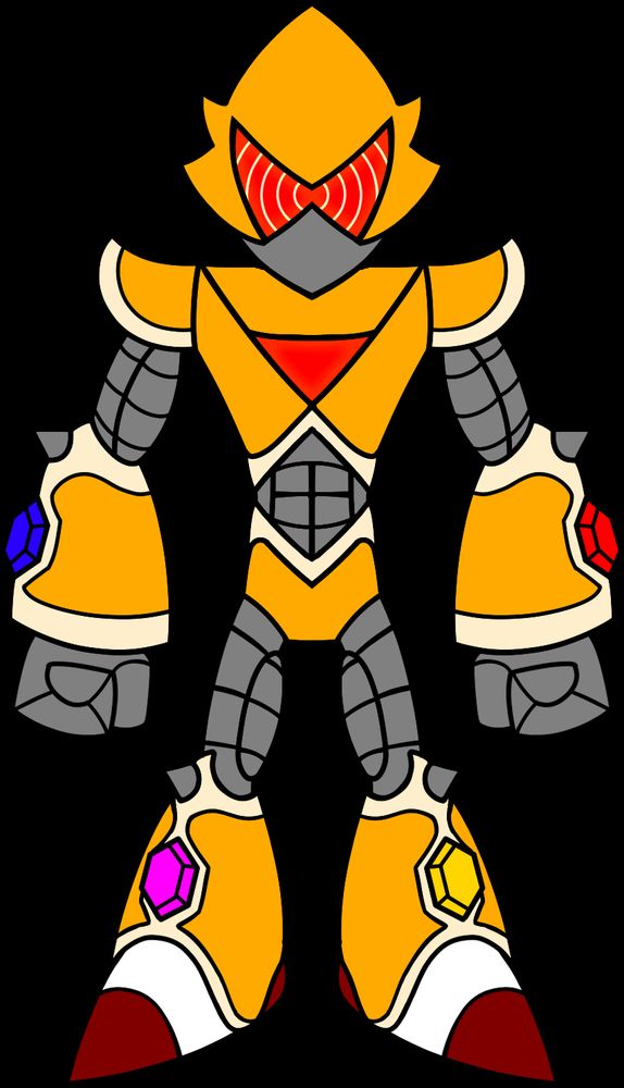 Ultimetal having used four of the seven Chaos Emeralds to become more powerful and alter his appearance.
He is now golden with light gold accents instead of blue/white. His upper torso is wider and his shoulder pads curve upward. The grey parts of his limbs are bulkier and have more definition, looking like human musculature, but still have segmentation lines across them. His elbows and shoulders now have grey spikes sticking out of them. The four Emeralds are embedded into his four limbs. The blue one in the arm on your left, red on the right. The pink one in the leg on your left, yellow on the right. His eyepiece now has a red sclera, and he has multiple thin white rings in a pattern within them.