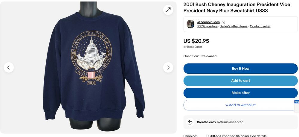 A navy blue presidential inauguration 2001 sweatshirt being sold for $20.95 on Ebay