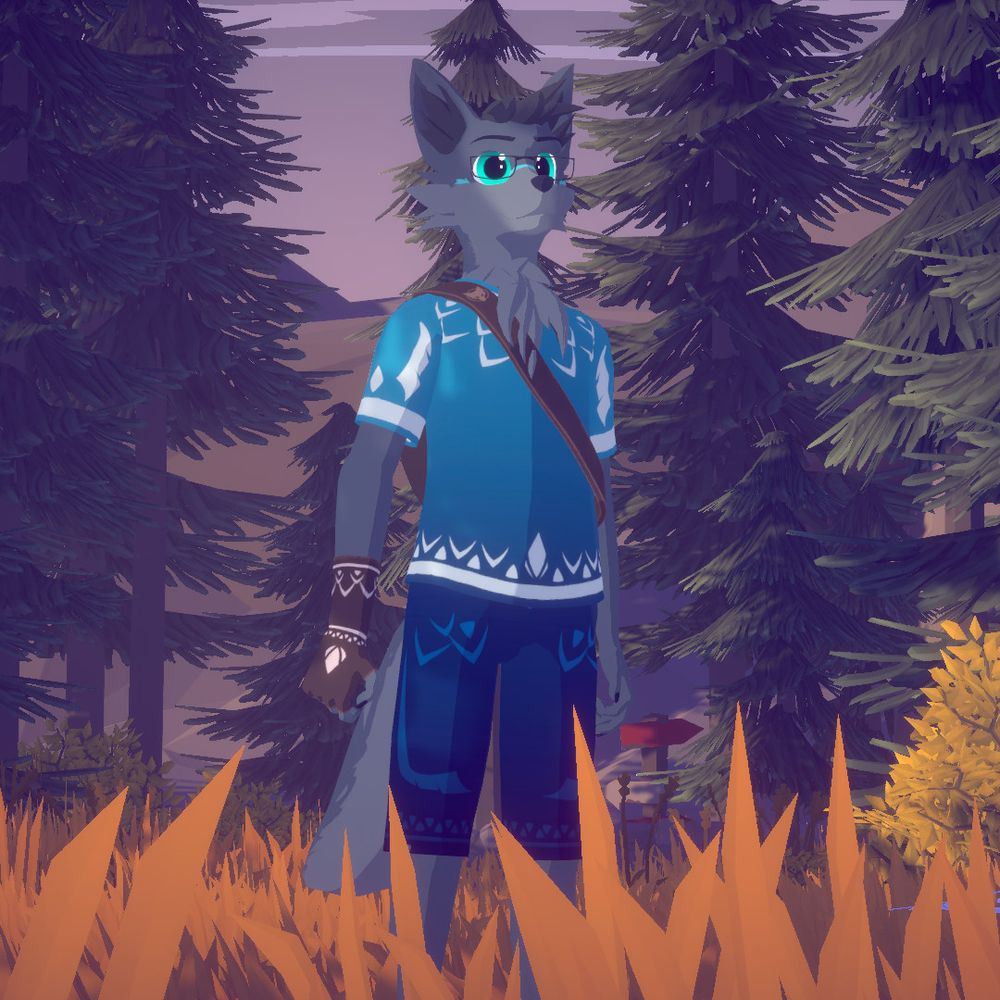 An anthropomorphic wolf wearing an explorer outfit, standing in the VRChat world "Amber Glade"