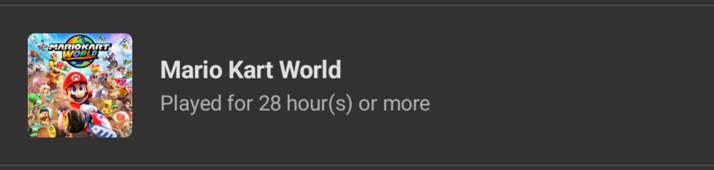 Screen capture showing "Played for 28 hours or more" for Mario Kart World 