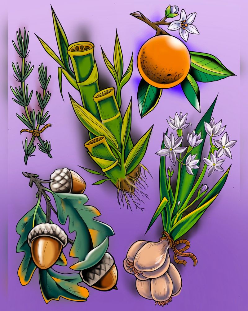 Neotraditional tattoo designs of different nature elements. Rosemary, bamboo, orange, acorns, garlic all in full color 