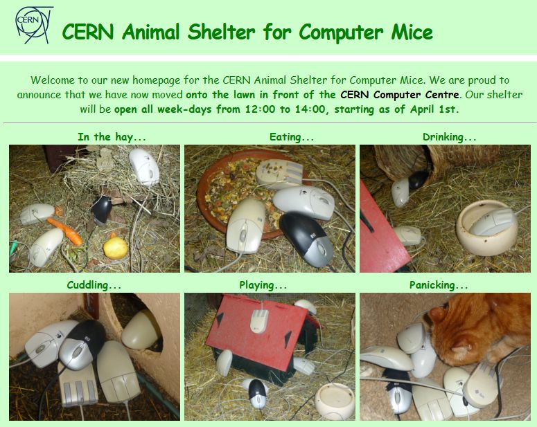An early 2000s style webpage for the CERN (European Organization for Nuclear Research) Animal Shelter for Computer Mice. Six images depict old computer mice playing in an enclosure as if they are real animal mice. 