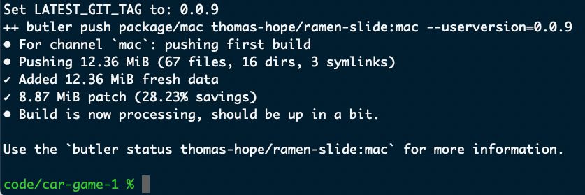 A terminal showing a file being uploaded to itch.io with butler