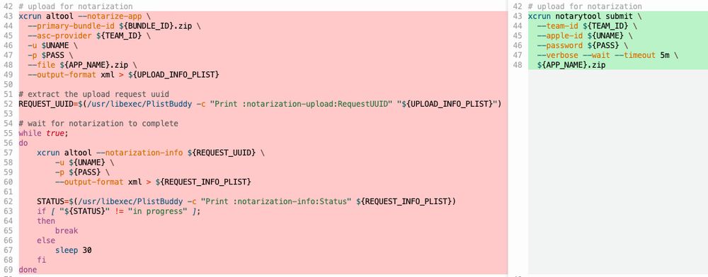 A git diff of a bash script showing the change from using altool to upload Mac apps for notarisation, to notarytool. The new script is much shorter:

xcrun notarytool submit  --team-id ${TEAM_ID} --apple-id ${UNAME} --password ${PASS} --verbose --wait --timeout 5m ${APP_NAME}.zip
