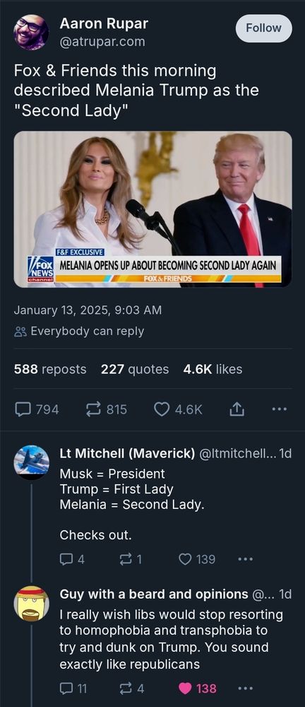 A screenshot in which a lib poster tries to 'joke' that Trump is gay for Elon or something and idk it's not funny I'm sorry I'm not transcribing this whole thing. He got called out, and I'm here to dunk on him.