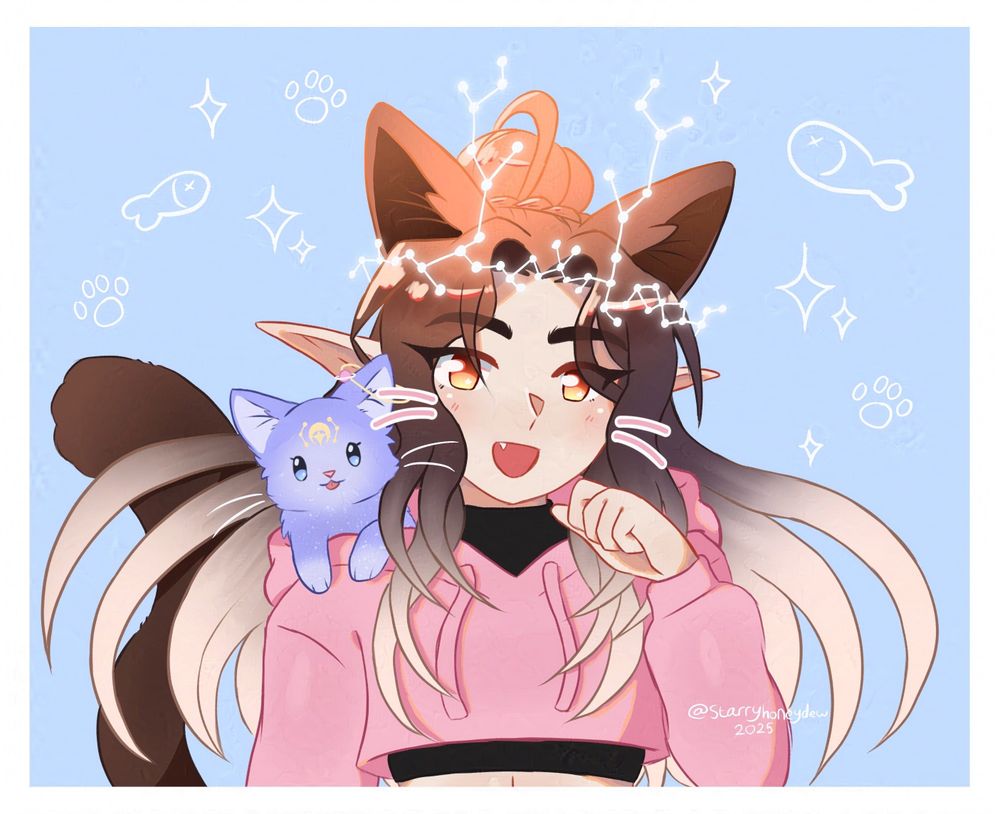 an illustration that is also a redraw of a drawing from 2024 of Honey's elf sona and his kitty companion.
Lucian is holding his hand up to his face to do a nya with a big smile, he also has brown cat ears and a brown cat tail
Phoebe, his kitty companion, is in the hood of his cropped hoodie but is partially out of it and looking at the viewer with a little blep