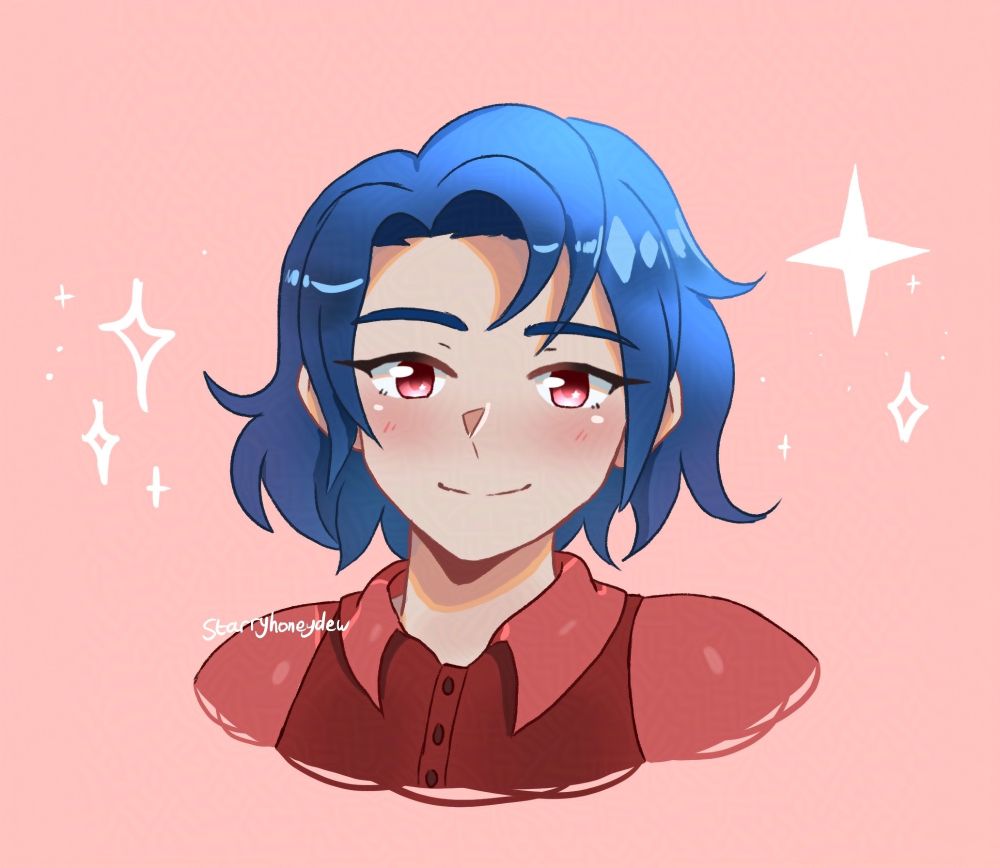 a headshot illustration of the character Emily from the game Stardew Valley. she is looking at the viewer and tilting her head slightly whilst giving a soft smile