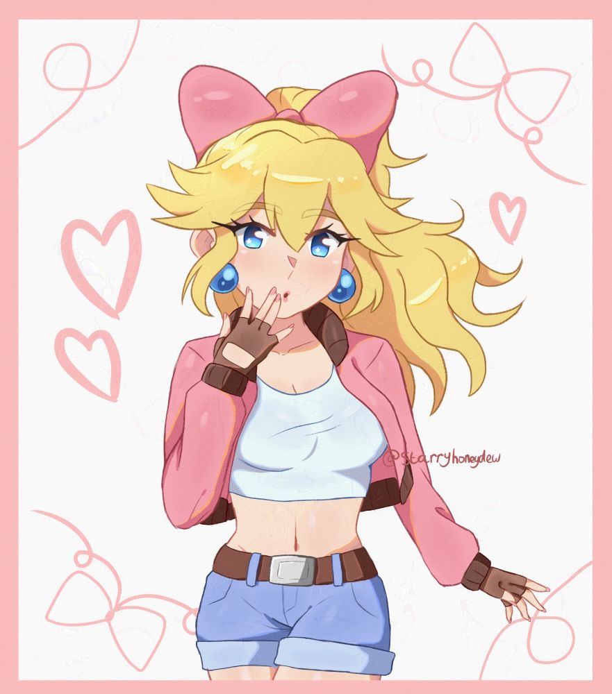 an illustration of the character Princess Peach from the Mario games, she is wearing one of her outfits in Mario Kart World, and is holding one of her hands up to her mouth as her hair flows behind her