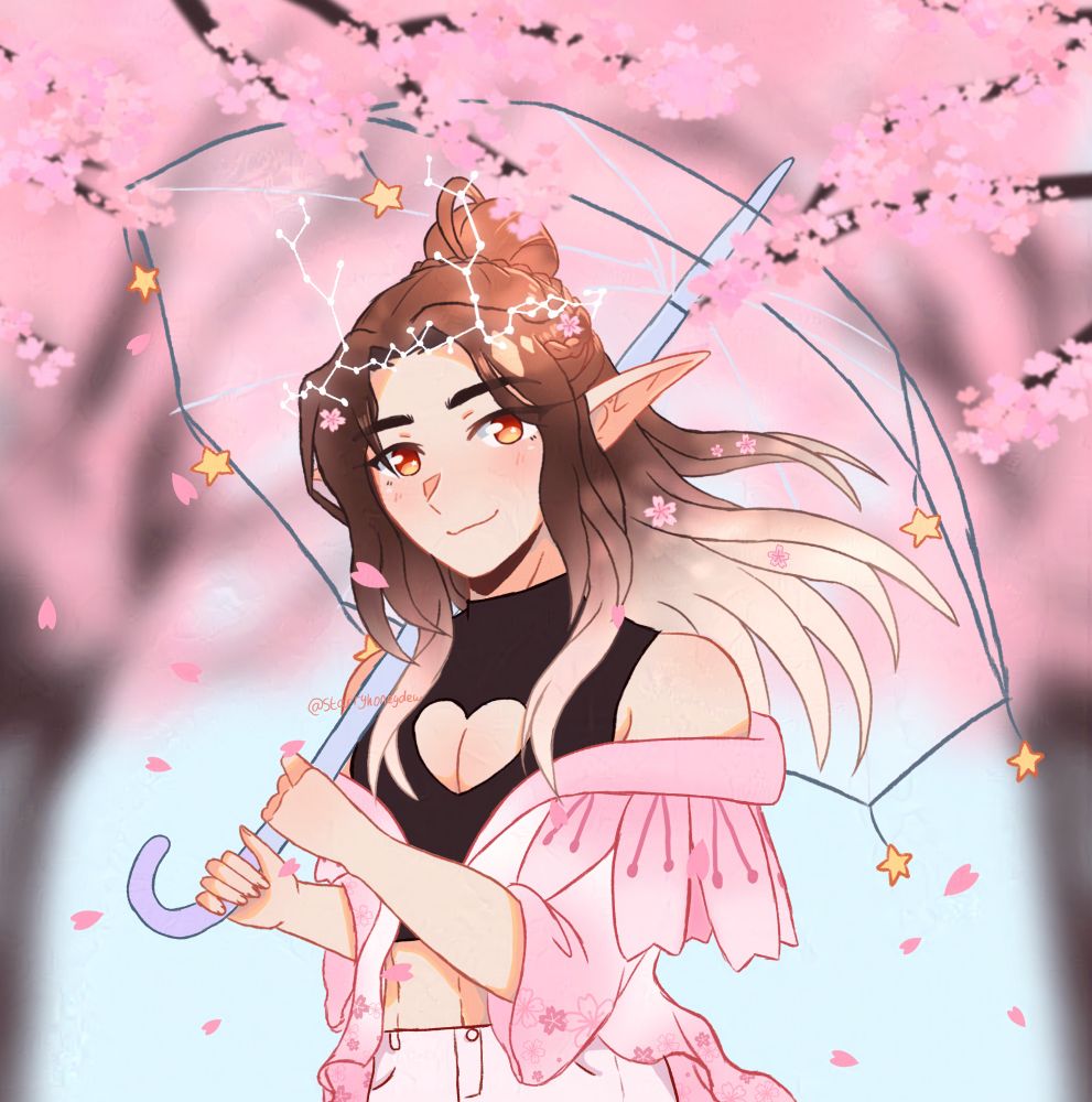 an illustration of Honey's elf sona. he is standing under some sakura trees and is holding an umbrella as petals fall around him