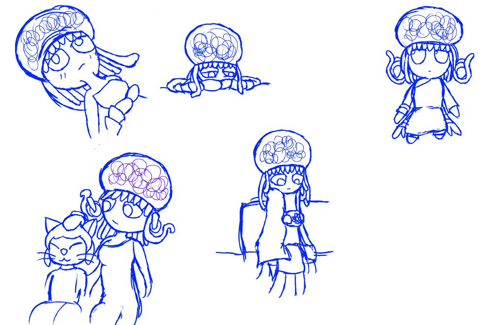 various doodles of Melusine, a tall jellyfish woman, in various states. 
1: Lying down in thought
2: moping with her head in her hands
3: petting Wavetamer
4: wrapped up in a blanket with some warm tea
5: as a Fumo