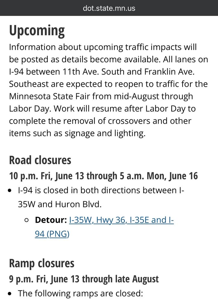 Screenshot of the MNDOT website citing road closures this weekend.