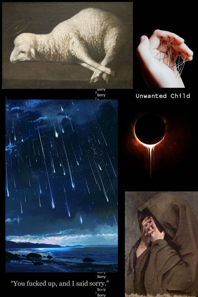 A series of religious and cosmic images on a black background: A tied up lamb, a hand clutching needles, an eclipse, a meteor swarm, and an ashamed looking nun. Additionally, there are two quotes: 'You fucked up, and I said sorry. with the word sorry repeating over and over, and 'Unwanted Child'