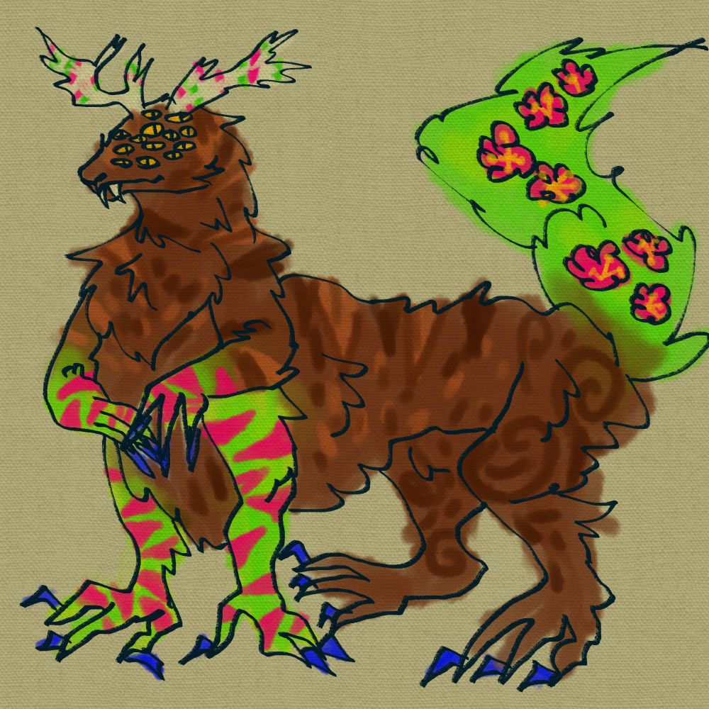 A brown nikitak with green forelegs (first two pairs) with bright pink stripes, with a green tail with pink flowers on it. It also has 13 yellow eyes,  two protruding fangs, off-white antennae, and blue claws. The background is a darker offwhite and there is a paper texture applied to the whole image