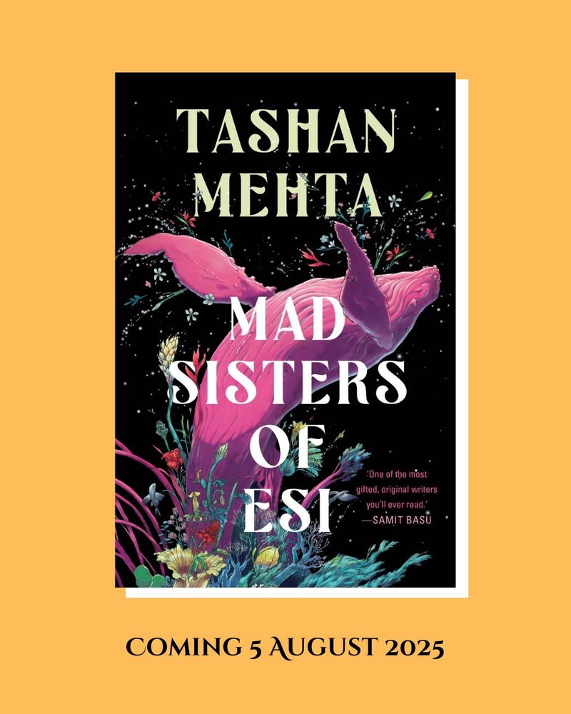Picture of MAD SISTERS OF ESI cover on a yellow background: featuring a pink whale coming out of a cosmic coral forest